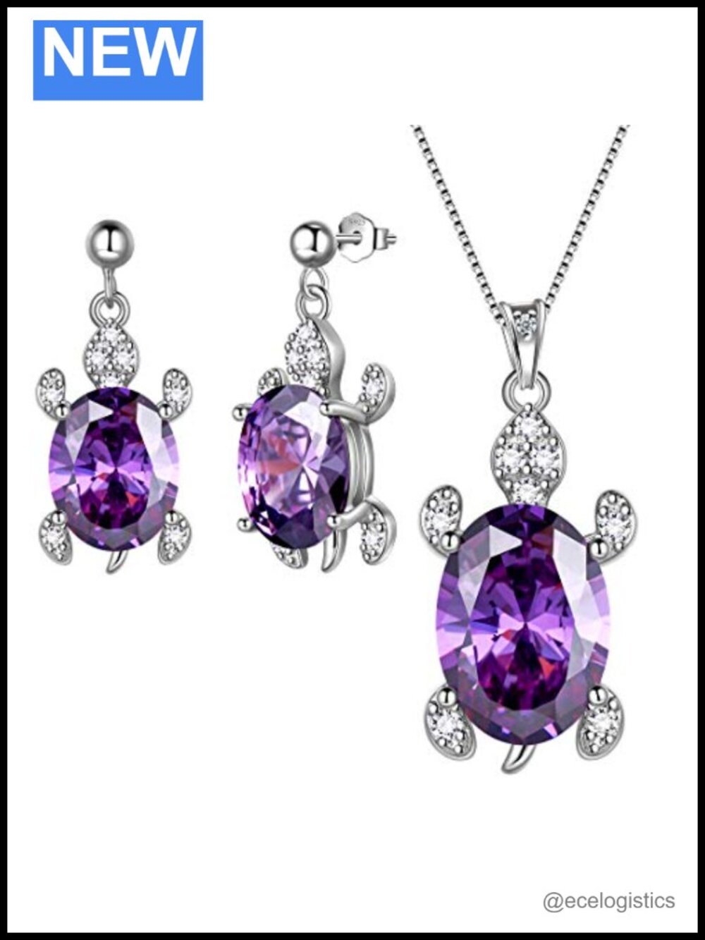 925 Sterling Silver Turtle Jewelry Set Pendant Necklace Earrings Cubic Zirconia